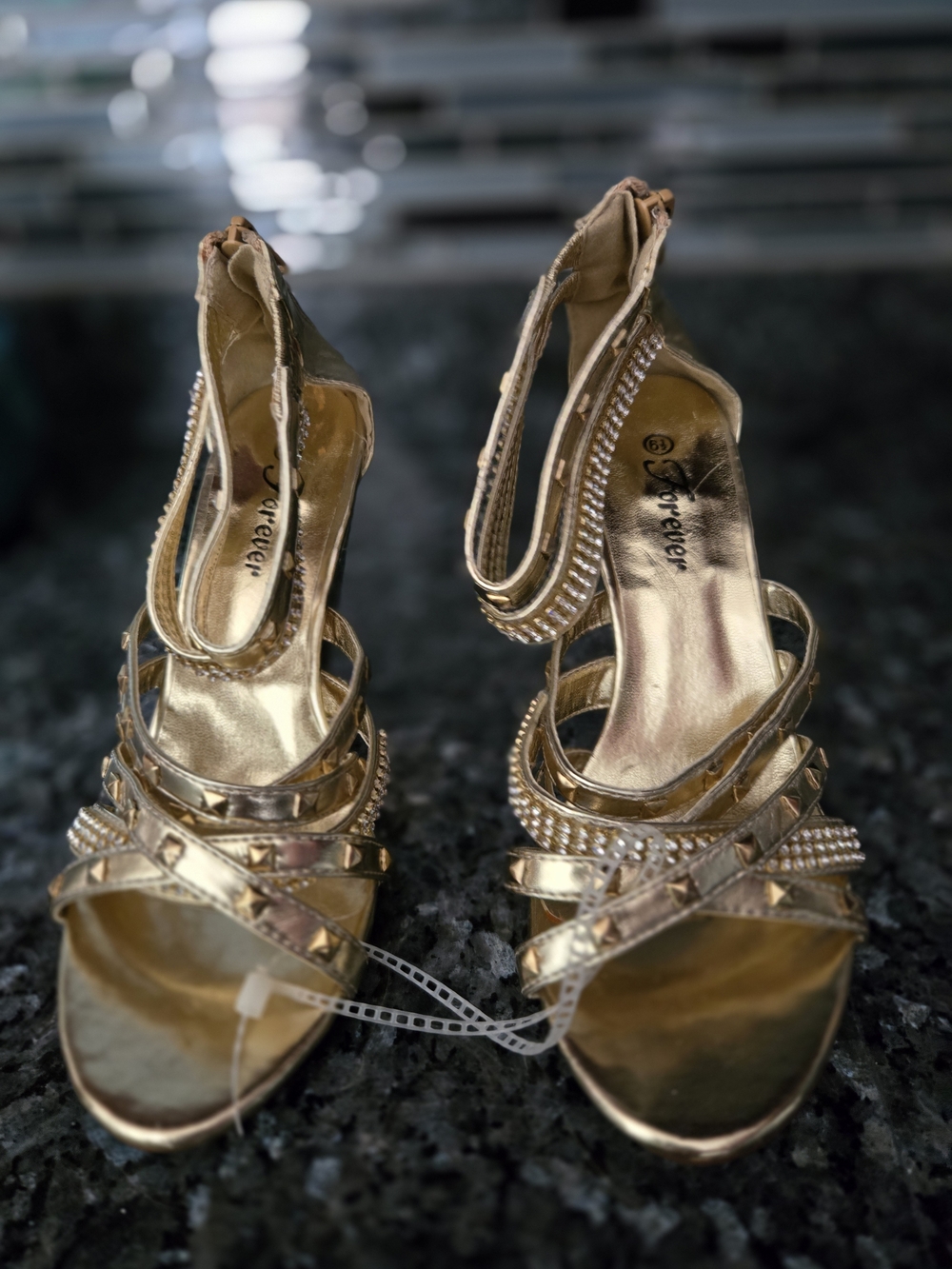 Forever Metallic Gold Strappy Crystal Accent Heels